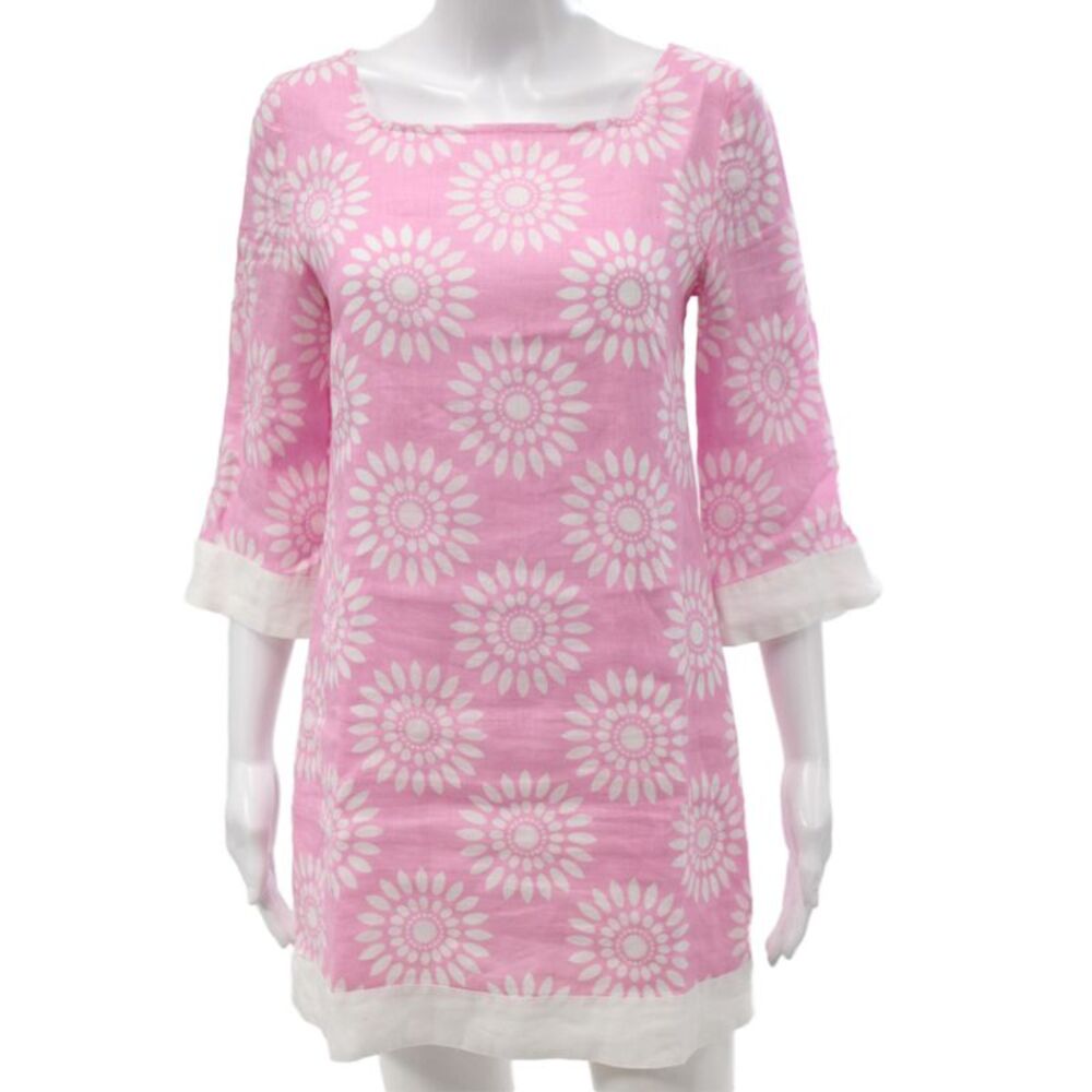 Island Company Womens Shift Dress Pink Linen Long Sleeve Floral Short Size XS